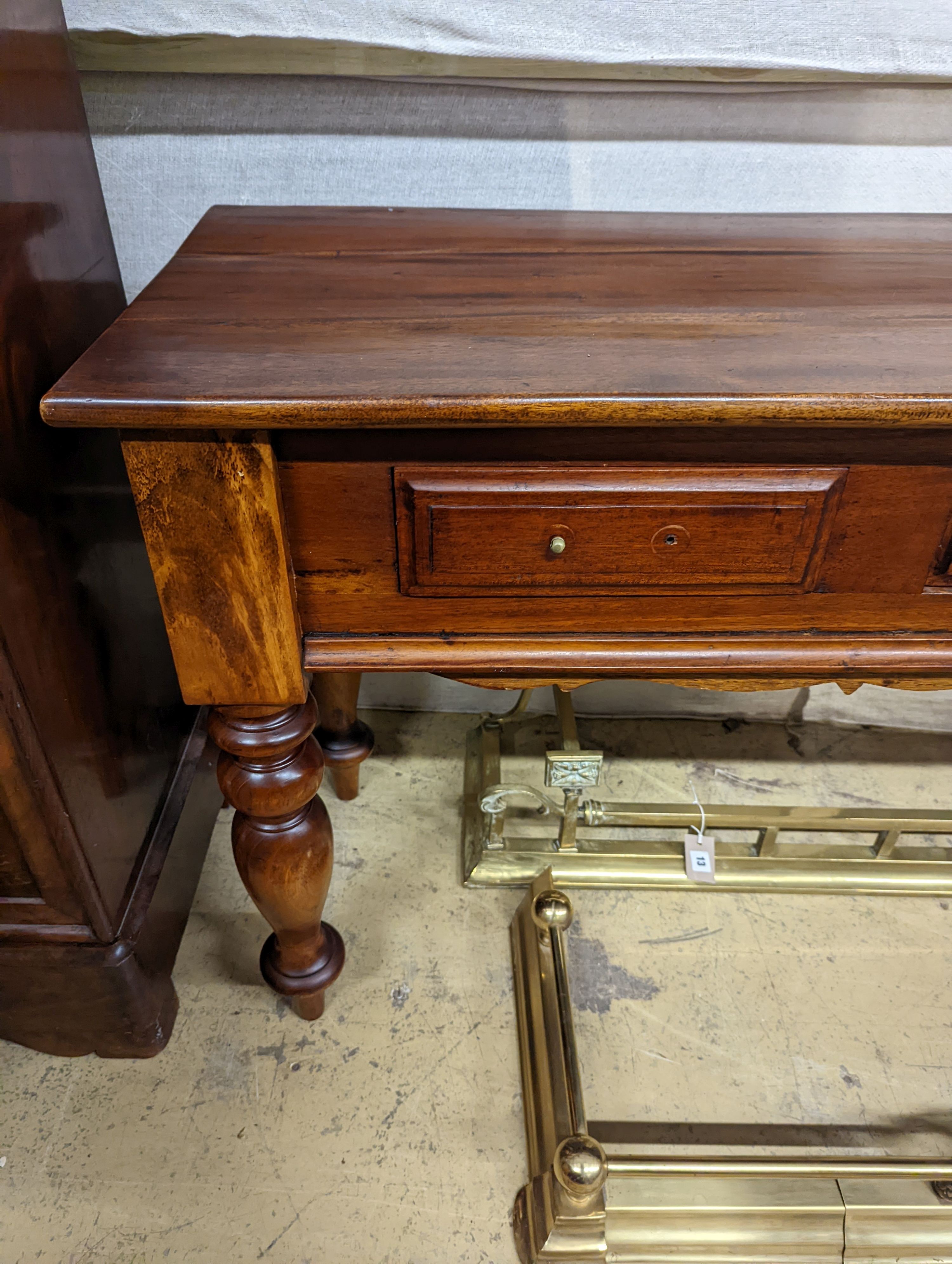 A reproduction Victorian style hardwood five drawer low dresser, length 190cm, depth 47cm, height 76cm